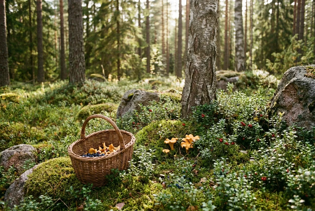 Weidenkorb mit Pfifferlingen und Beeren auf Moosboden in einem lichten Kiefernwald
