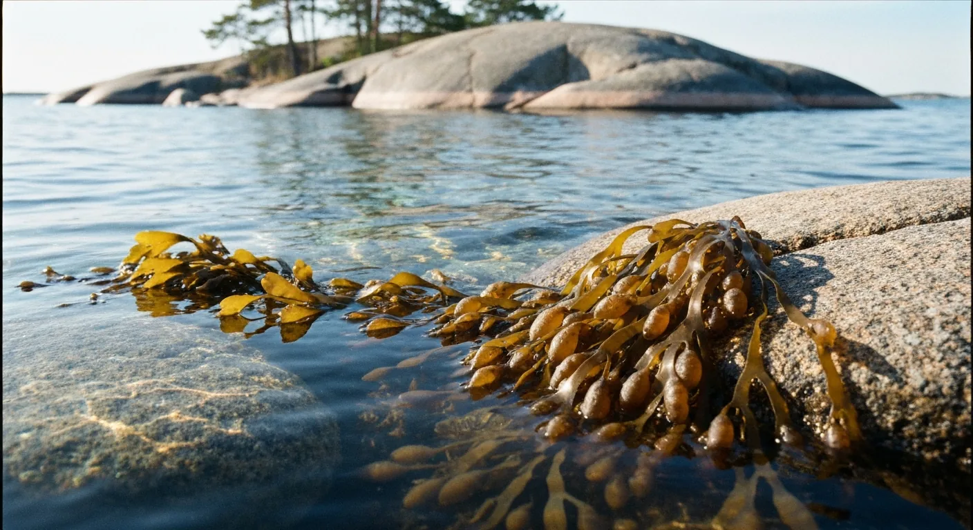 Blasentang an der Wasseroberfläche im Flachwasser, dahinter ein runder Felsen mit Kiefern