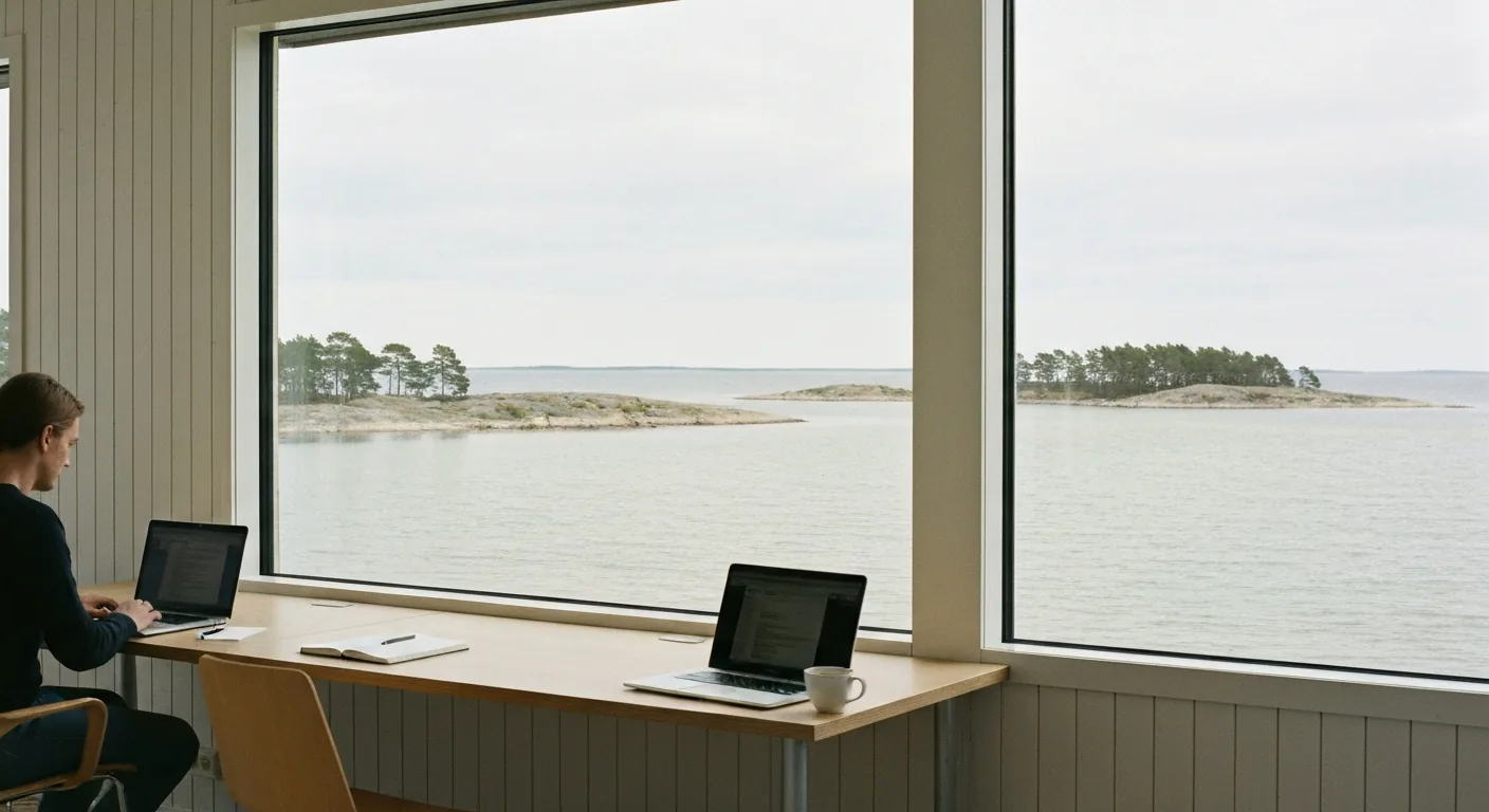 Zwei Laptops auf einem Tisch vor einer Fensterfront mit Blick auf Wasser und Inseln