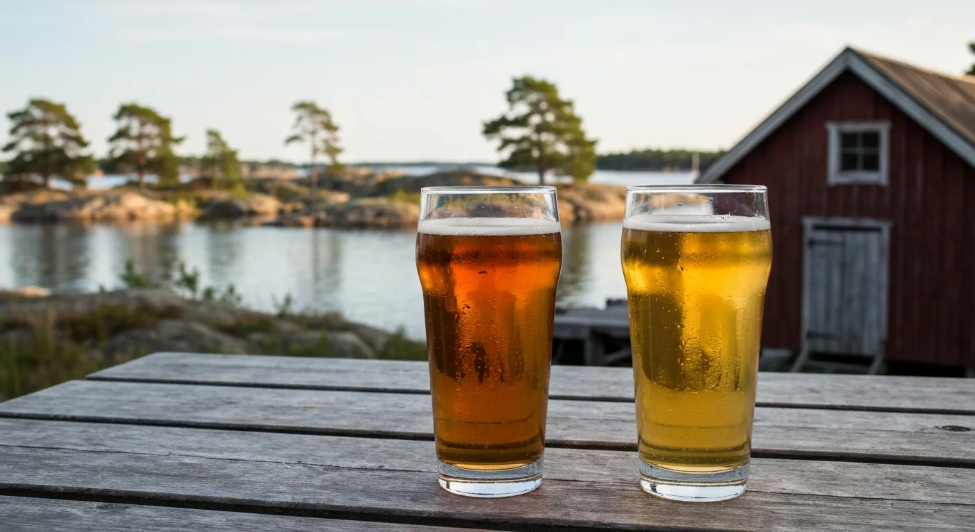 Zwei Gläser Bier, eines dunkel, eines hell, auf einem Holztisch vor einem roten Bootshaus