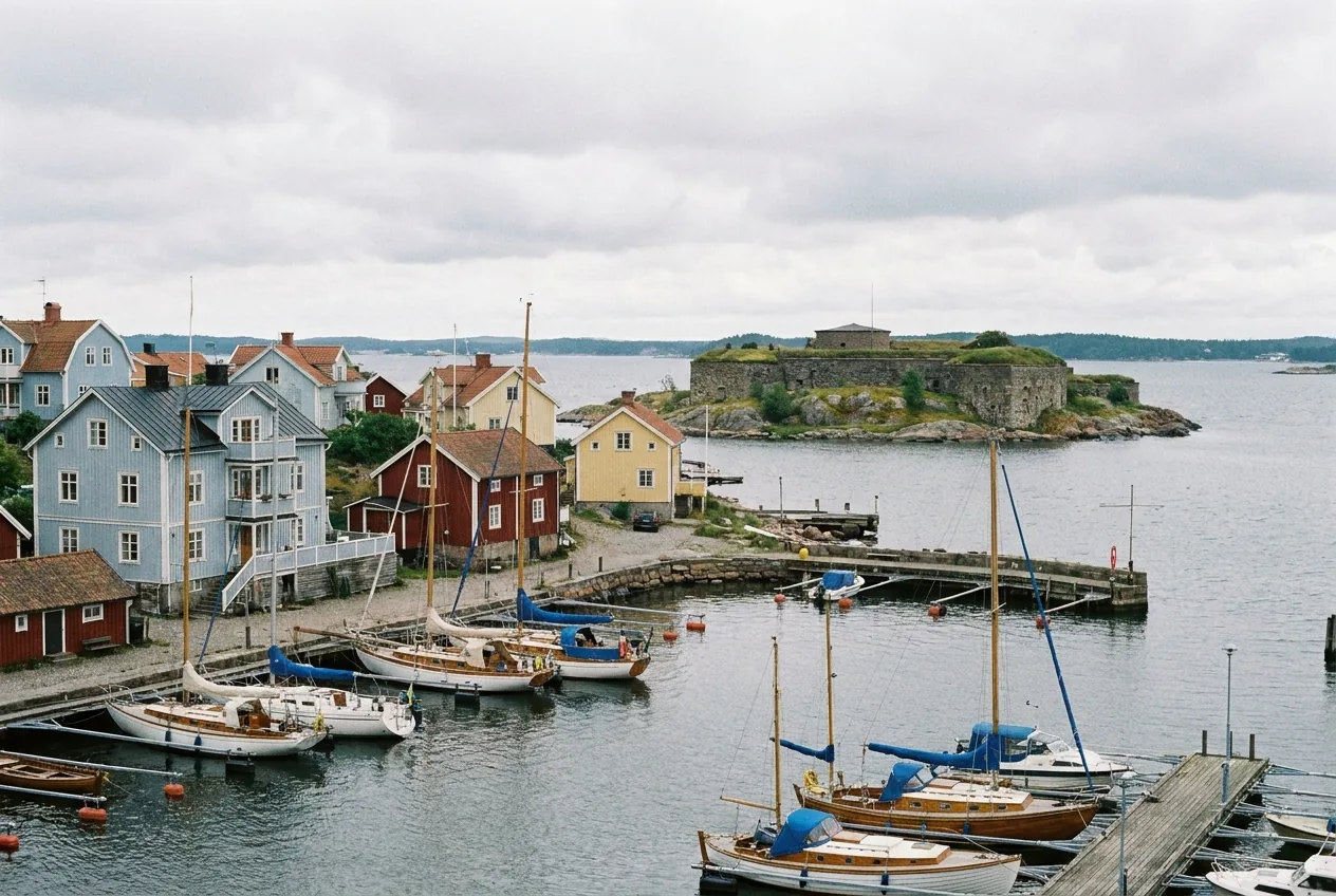 Hafen mit Segelbooten und bunten Holzhäusern, auf einer Insel dahinter eine Festung