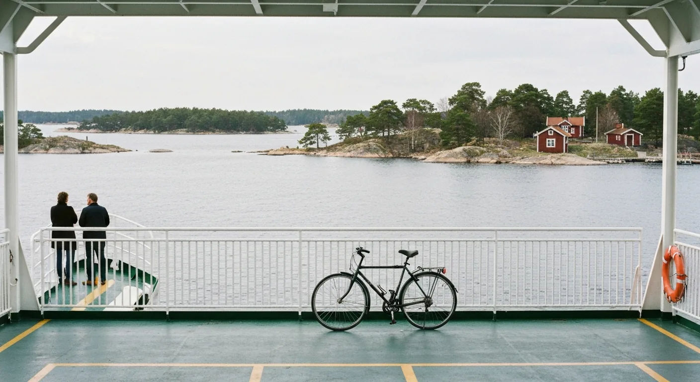 Fahrrad an der Reling eines Fährdecks, dahinter Schäreninseln mit roten Häusern