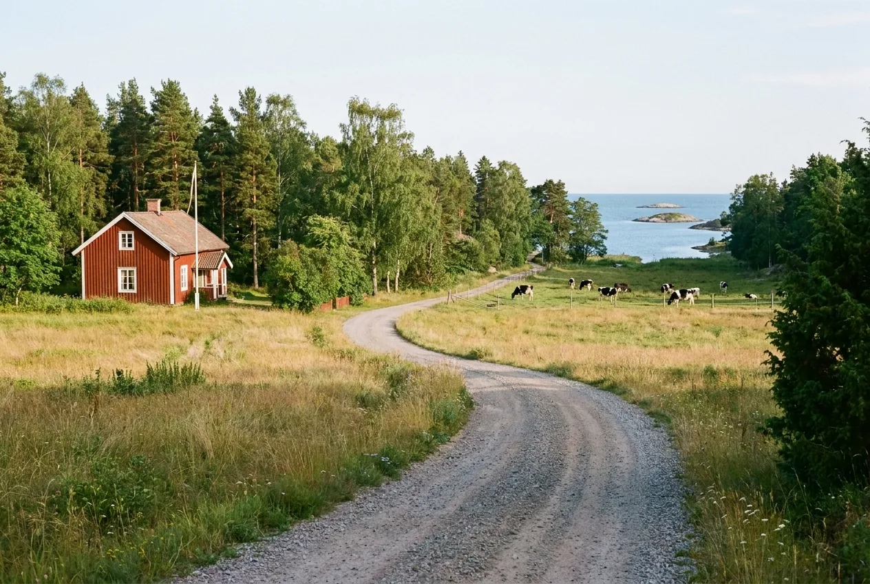 Schotterweg zwischen Feldern, links ein rotes Haus, rechts grasende Kühe, dahinter das Meer