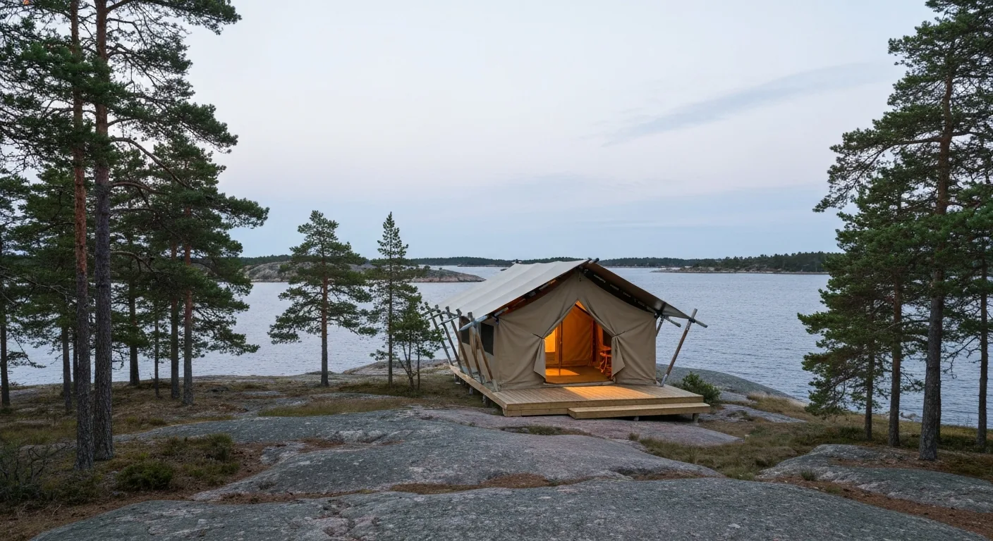 Beleuchtetes Zelt mit Holzterrasse auf einer Felsplatte über dem Wasser, in der Dämmerung