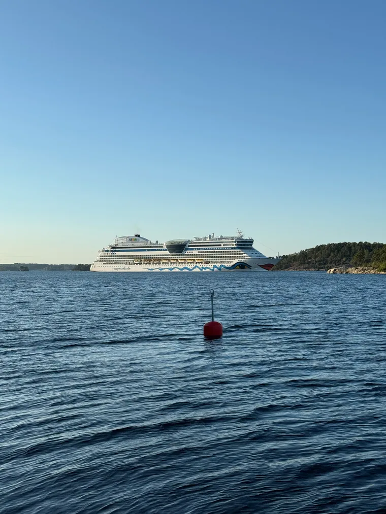 Kreuzfahrtschiff der AIDA-Flotte in der Fahrrinne, davor eine rote Boje