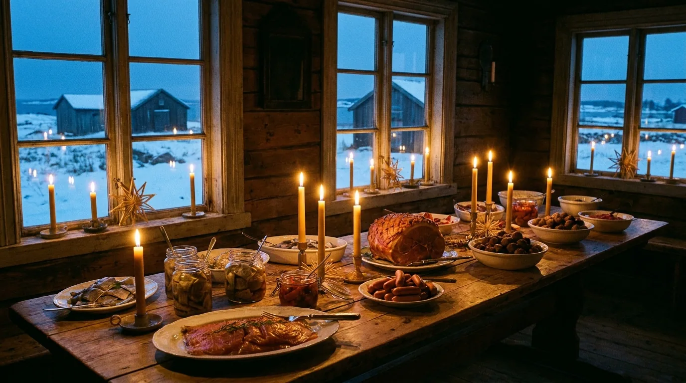 Festlich gedeckter Holztisch mit Kerzen und Schinken, durch die Fenster eine Winterlandschaft