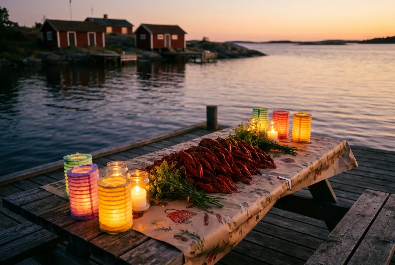 Gekochte Flusskrebse auf einem Steg-Tisch mit bunten Papierlaternen, dahinter Sonnenuntergang