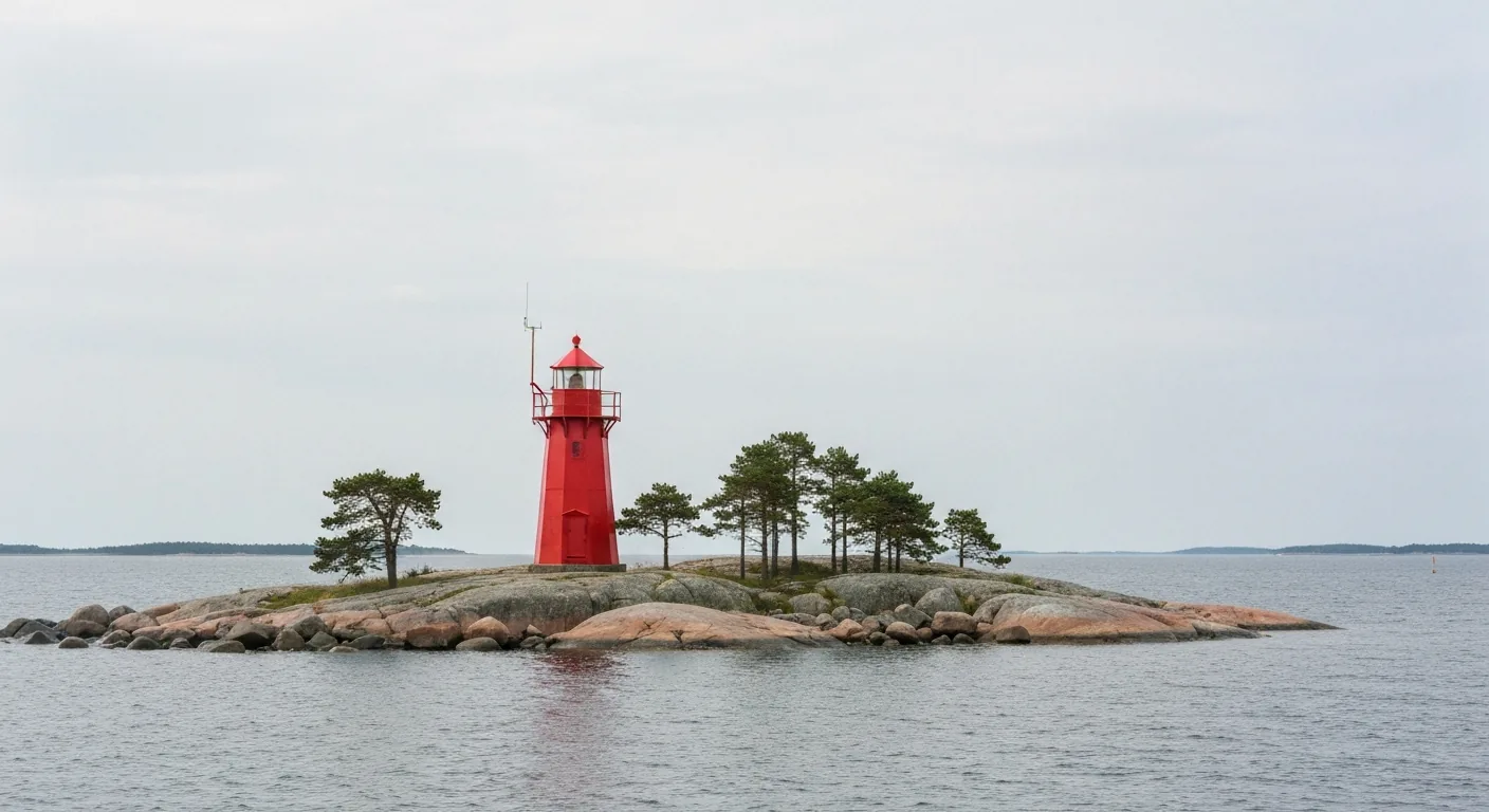 Roter Leuchtturm auf einer flachen Felseninsel mit wenigen windgebeugten Bäumen