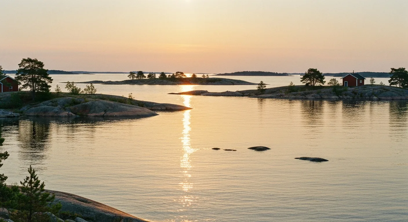 Tiefstehende Sonne über den Schären, eine Lichtspur auf dem Wasser, am Ufer rote Häuser