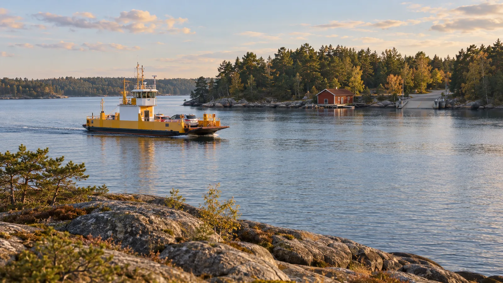 Kleine gelb-weiße Autofähre auf einem ruhigen Sund zwischen bewaldeten Ufern, am anderen Ufer ein rotes Bootshaus