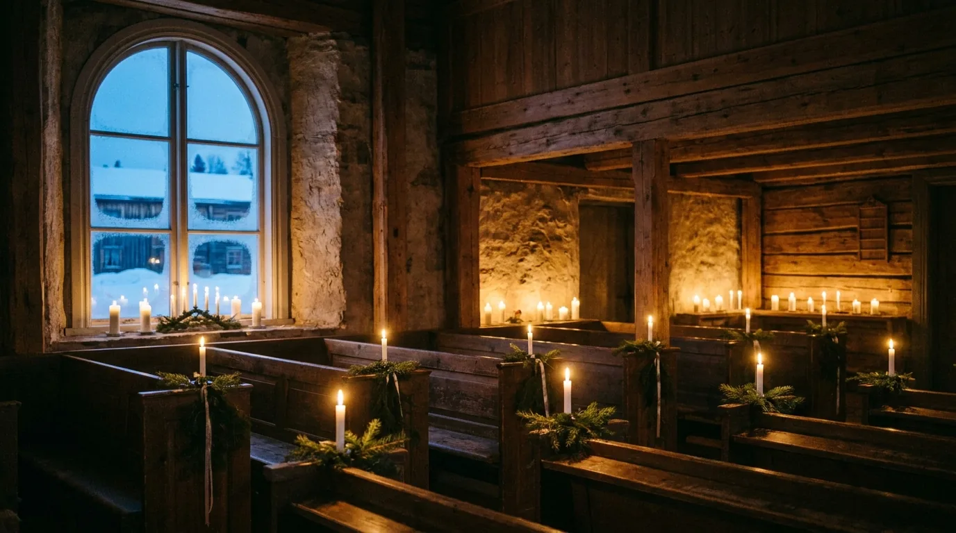 Kirchenbänke aus Holz mit brennenden Kerzen und Tannengrün, draußen liegt Schnee