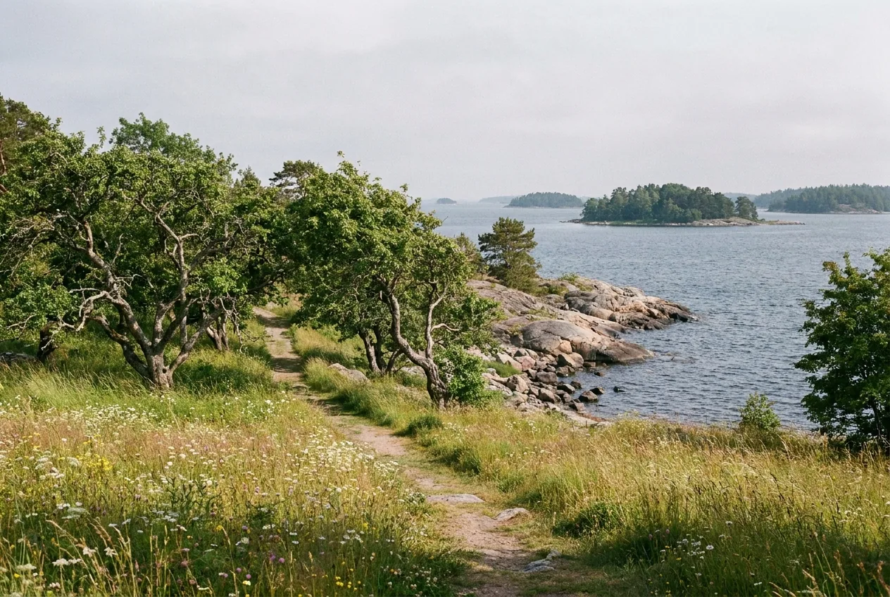 Trampelpfad durch eine blühende Wiese entlang der Küste, dazwischen knorrige Laubbäume
