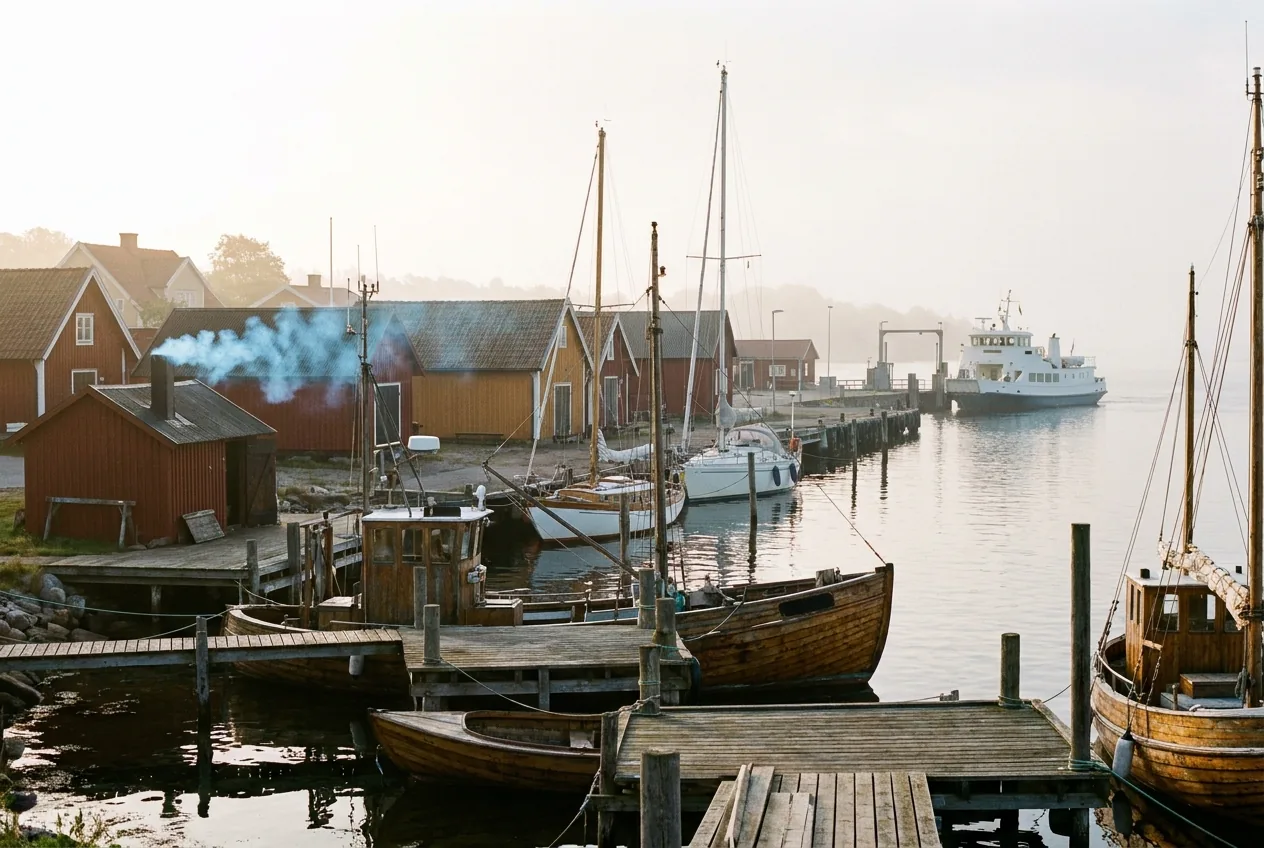 Hölzerne Boote im Hafen vor roten Schuppen, im Dunst dahinter eine weiße Fähre