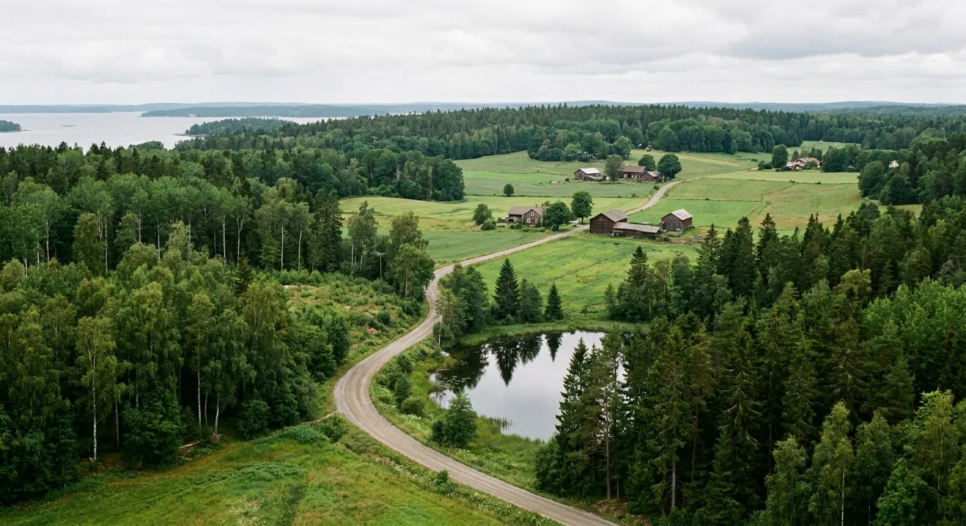 Luftbild einer Straße durch Felder und Wald, dazwischen einzelne Höfe und ein kleiner See