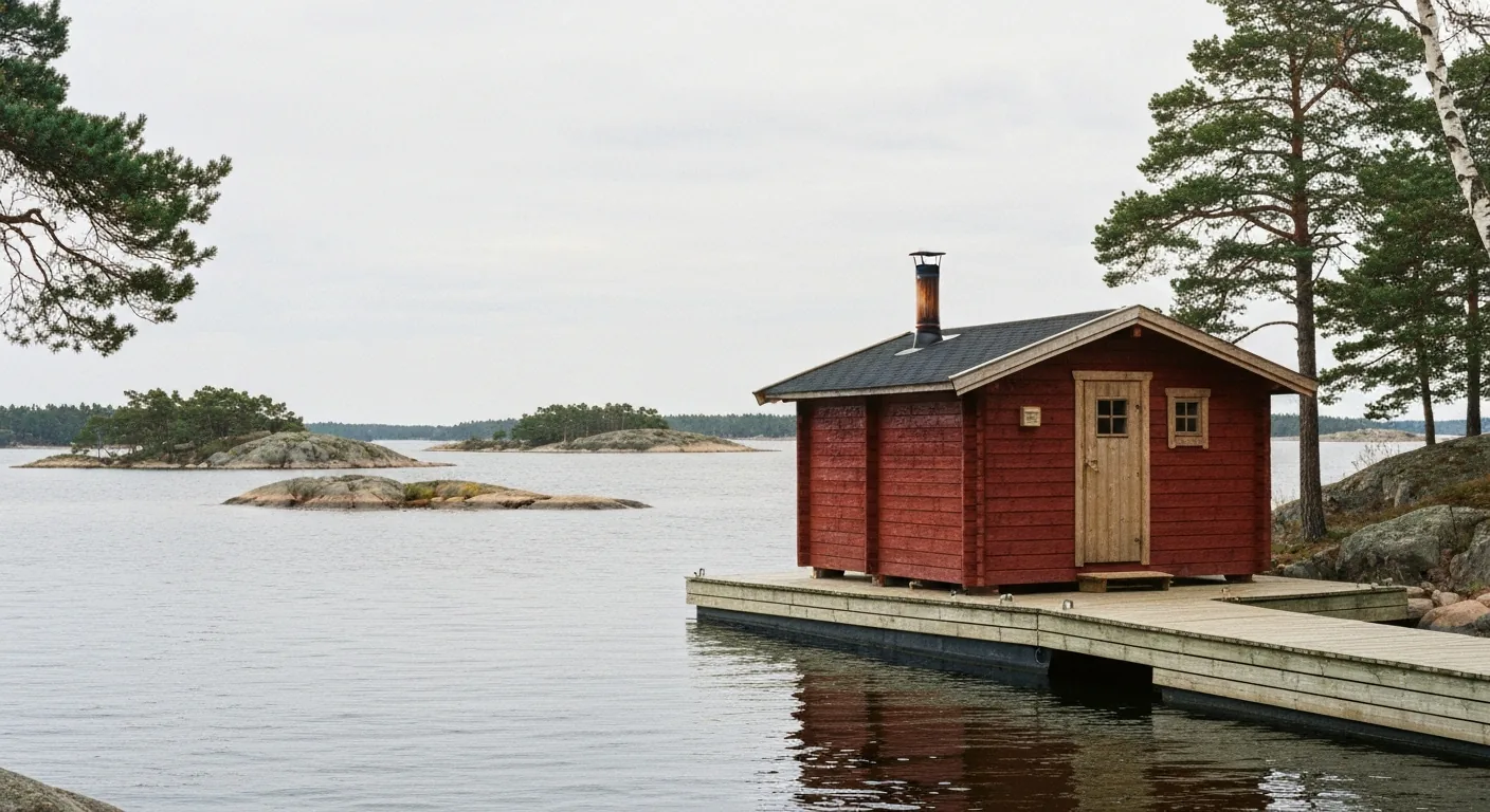 Rote Saunahütte mit Schornstein auf einem Steg direkt über dem Wasser