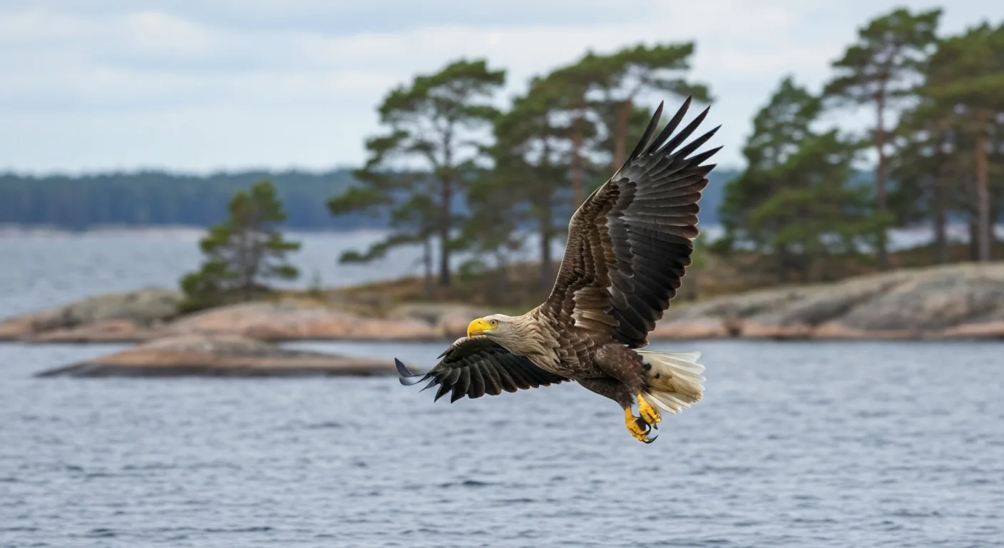 Seeadler im Flug dicht über dem Wasser, im Hintergrund eine Felsinsel mit Kiefern