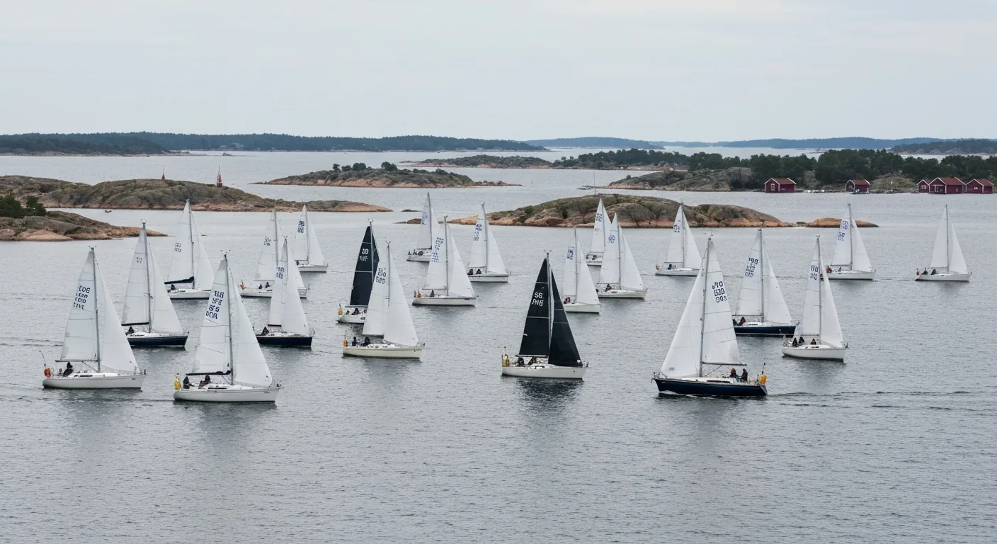 Feld aus Segelbooten mit weißen Segeln auf dem Wasser vor einer Felsküste