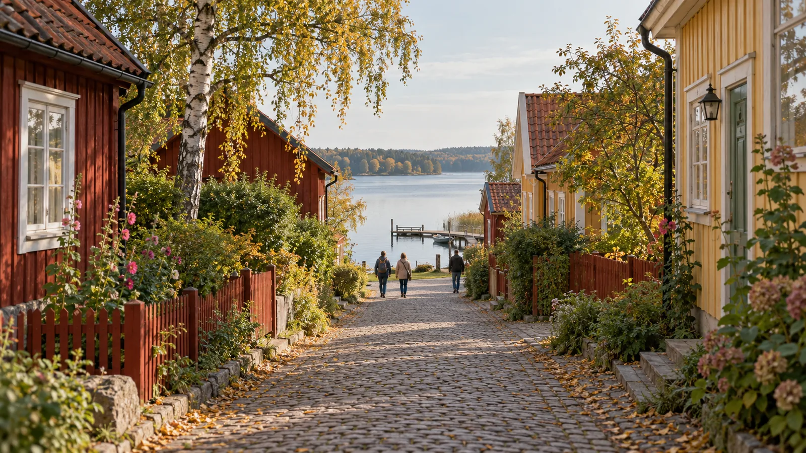 Gepflasterte Gasse zwischen roten und gelben Holzhäusern, die zum Seeufer mit einem Holzsteg hinunterführt