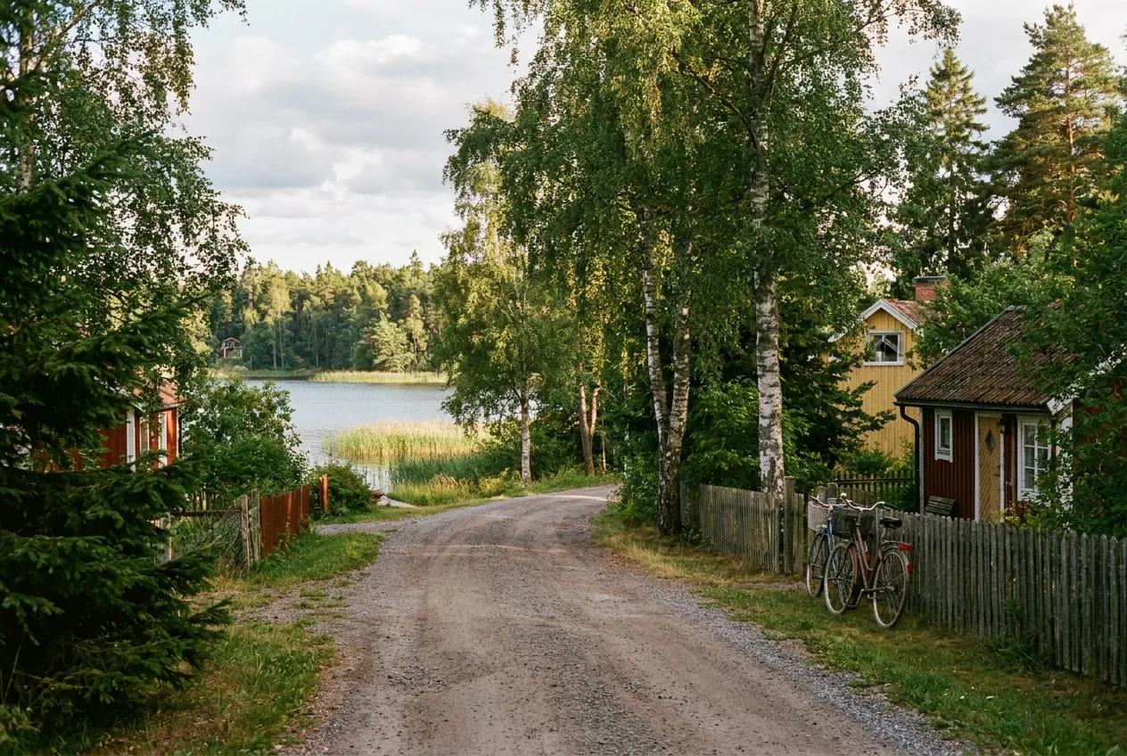 Schotterweg zwischen Birken zum Wasser hinunter, rechts ein gelbes Haus mit abgestelltem Fahrrad
