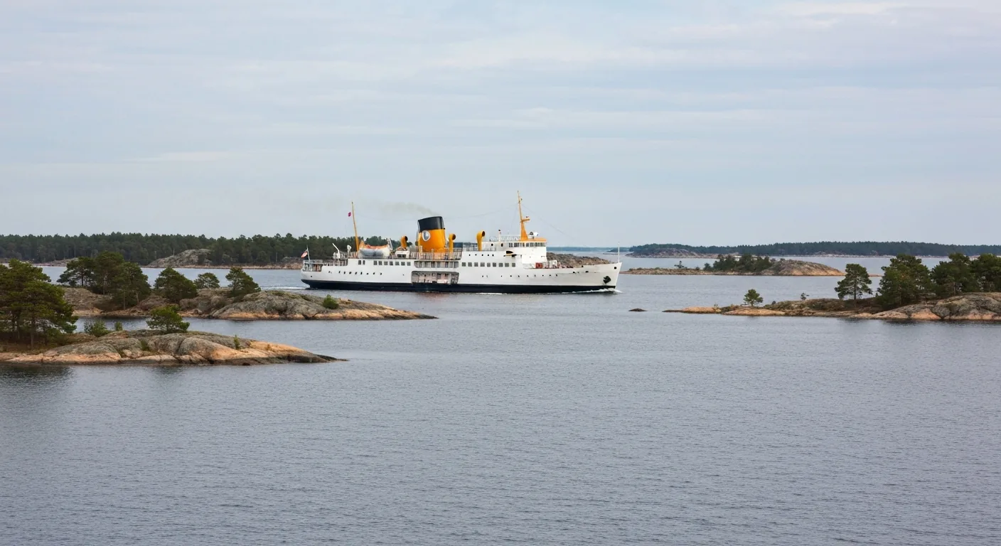 Weißes Schärenschiff mit gelbem Schornstein in einer Fahrrinne zwischen bewaldeten Inseln