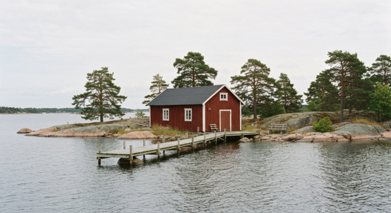 Falunrotes Atelier- und Werkstattgebäude mit Holzsteg auf einer kleinen Schäreninsel vor Stockholm
