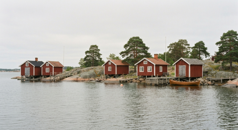 Altes Fischerdorf in den Stockholmer Schaeren mit falunroten Holzhaeusern und Bootshaeusern am Wasser