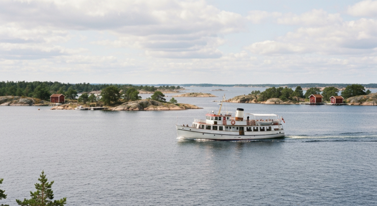 Schären-Ausflugsboot auf der Ostsee zwischen flachen Inseln