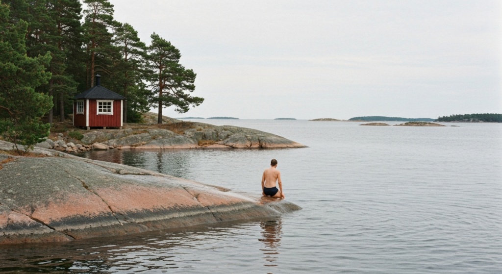 Person badet von einem glatten Granitfelsen in die ruhige Ostsee, rote Saunahütte im Hintergrund in den Stockholmer Schären