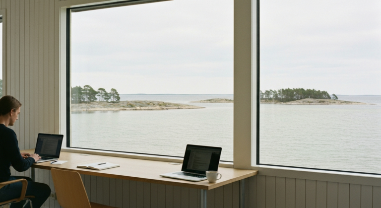 Heller Coworking-Arbeitsplatz mit Laptop an einem großen Fenster mit Blick auf das ruhige Wasser und die Granitschären bei Stockholm