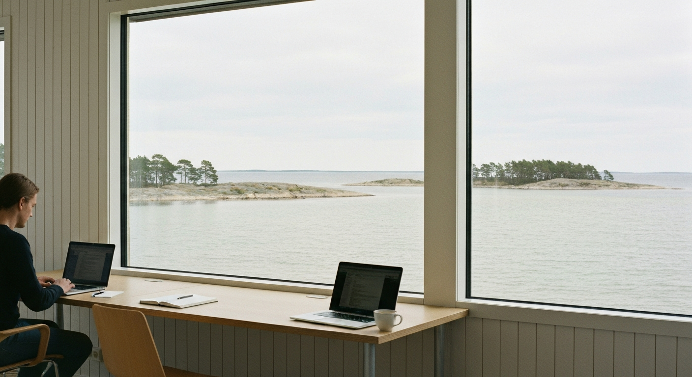 Heller Coworking-Arbeitsplatz mit Laptop an einem großen Fenster mit Blick auf das ruhige Wasser und die Granitschären bei Stockholm