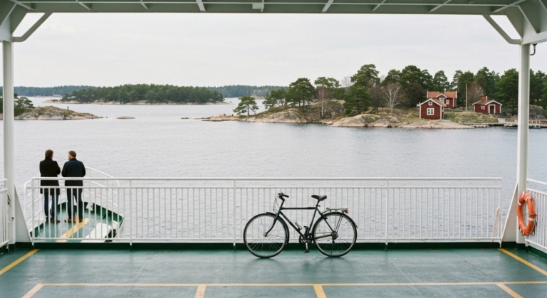 Fahrrad neben der Reling einer Stockholmer Schaerenfaehre mit flachen Granitinseln und rotem Holzhaus im Hintergrund