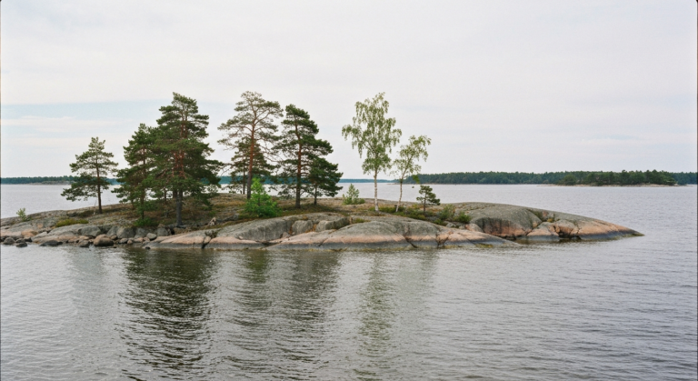 Einsame, flache Granitschäre mit Kiefern und kleiner Bucht in der ruhigen grau-blauen Ostsee