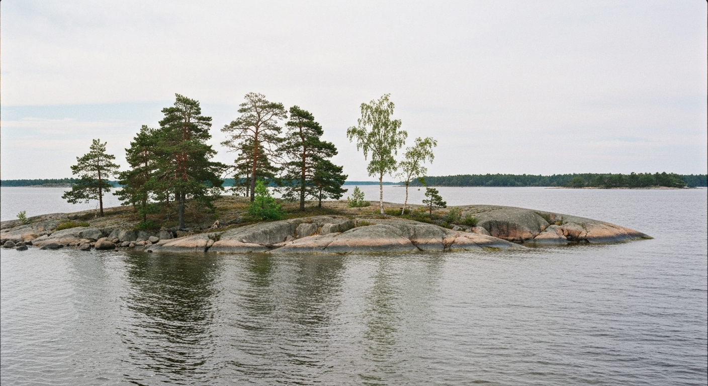 Einsame, flache Granitschäre mit Kiefern und kleiner Bucht in der ruhigen grau-blauen Ostsee