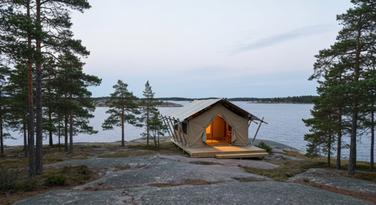 Stilvolles Safari-Glampingzelt auf flachem Granit zwischen Kiefern an der ruhigen Ostsee in den Stockholmer Schären