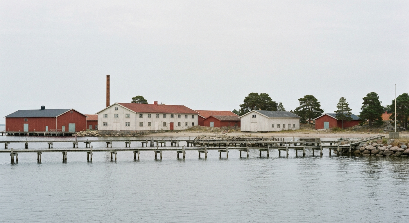 Hafen von Gustavsberg mit Holzstegen und alten Backstein- und Holzfabrikgebäuden an einer ruhigen Ostseebucht