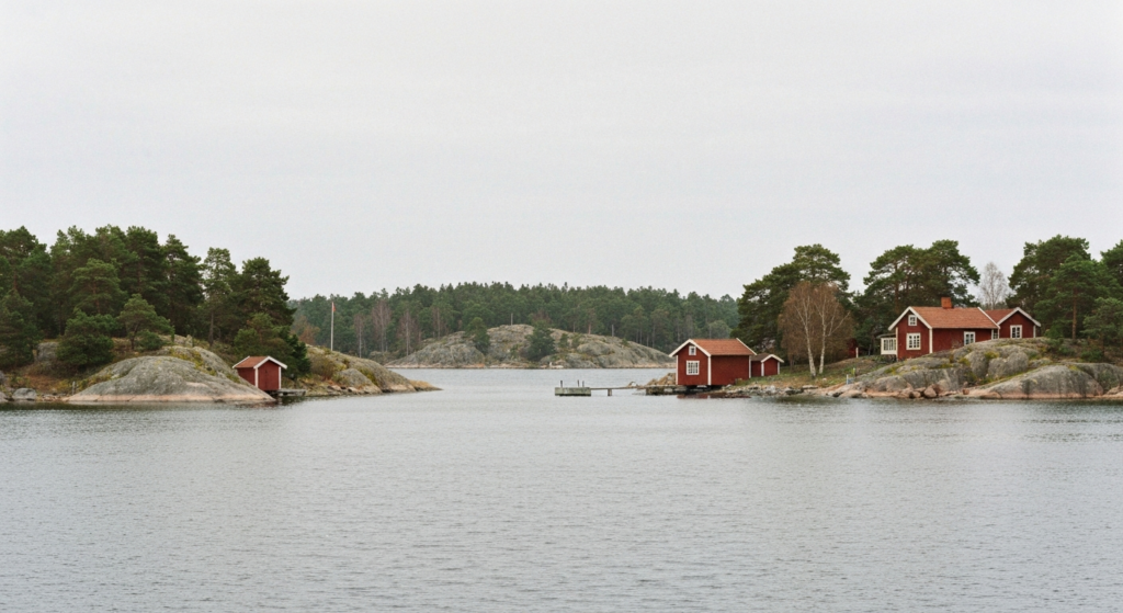 Innere Stockholmer Schären mit Falunroten Bootshäusern an ruhiger Ostsee