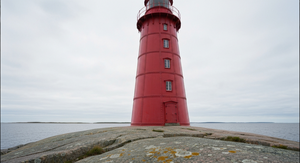 Roter gusseiserner Leuchtturm Landsort aus der Nähe auf Granitfelsen an der Ostsee