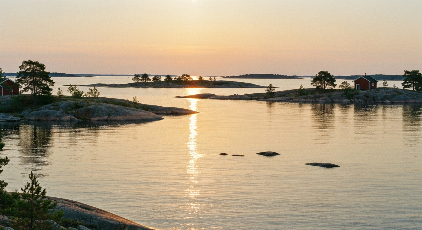 Goldene Abendsonne mit langem Lichtschein über den flachen Schären der Ostsee