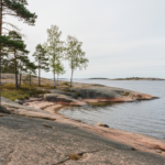 Flache Granitküste mit Kiefern und kleiner Sandbucht im Naturreservat Björnö an der ruhigen Ostsee
