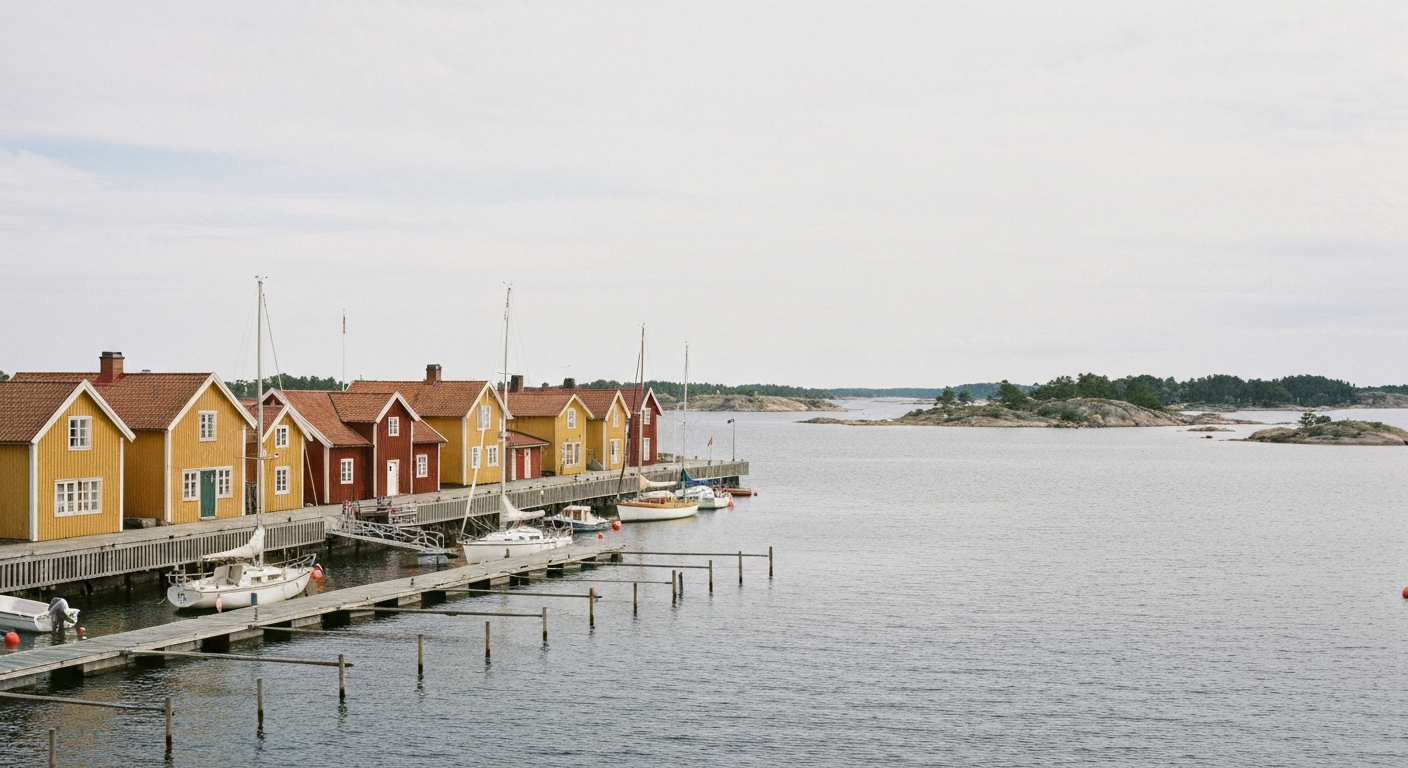 Hafenfront von Sandhamn mit großen gelben und roten Holzgebäuden, Steganlage und vertäuten Booten im Schärengarten