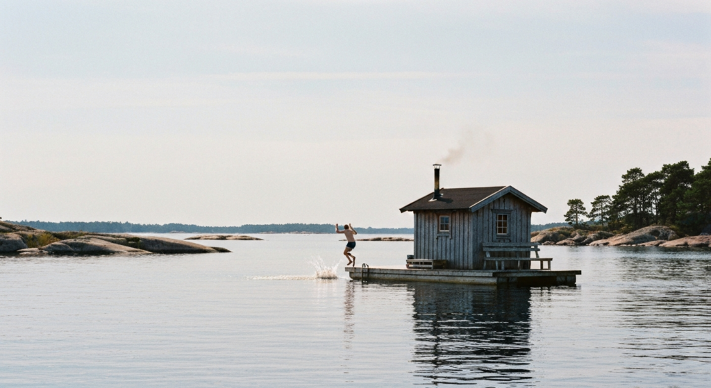 Schwimmende Sauna auf dem Wasser im Stockholmer Archipel, eine Person springt vom Holzdeck in die Ostsee