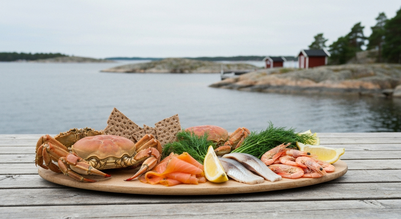 Meeresfrüchteplatte mit Krabben, geräuchertem Lachs, Hering, Knäckebrot, Dill und Zitrone auf einem Holztisch am Hafen der Stockholmer Schären