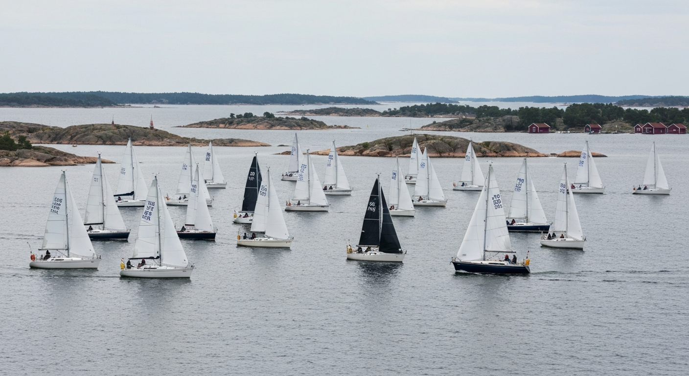 Segelregatta mit zahlreichen weißen Segelyachten auf der grau-blauen Ostsee vor flachen Stockholmer Schären