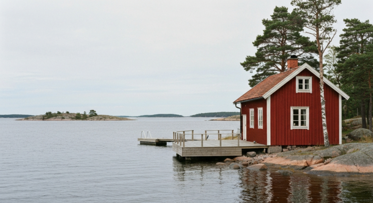 Falunrotes schwedisches Sommerhaus mit weißen Fensterrahmen, Holzdeck und Steg an der ruhigen Ostsee in den Schären
