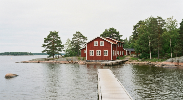 Falunrotes Gästehaus mit Steg am Wasser in den Stockholmer Schären
