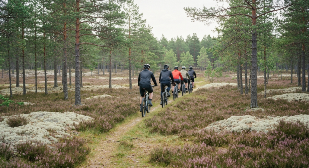 Kleine Gruppe Radfahrer von hinten auf einem Heideweg durch den Kiefernwald auf Utö
