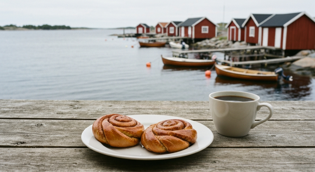 Zimtschnecken und Kaffee auf einem Holztisch, dahinter der Hafen von Utö mit falunroten Bootshäusern