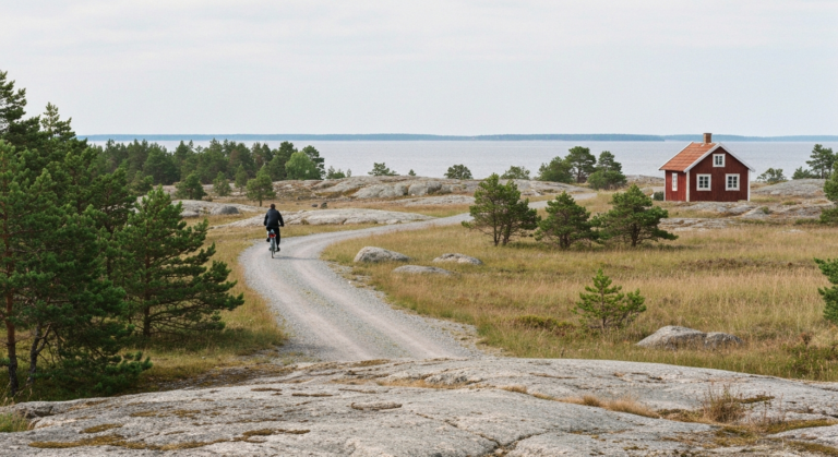 Radfahrer von hinten auf einem Schotterweg über die flache Schäreninsel Utö, Ostsee im Hintergrund