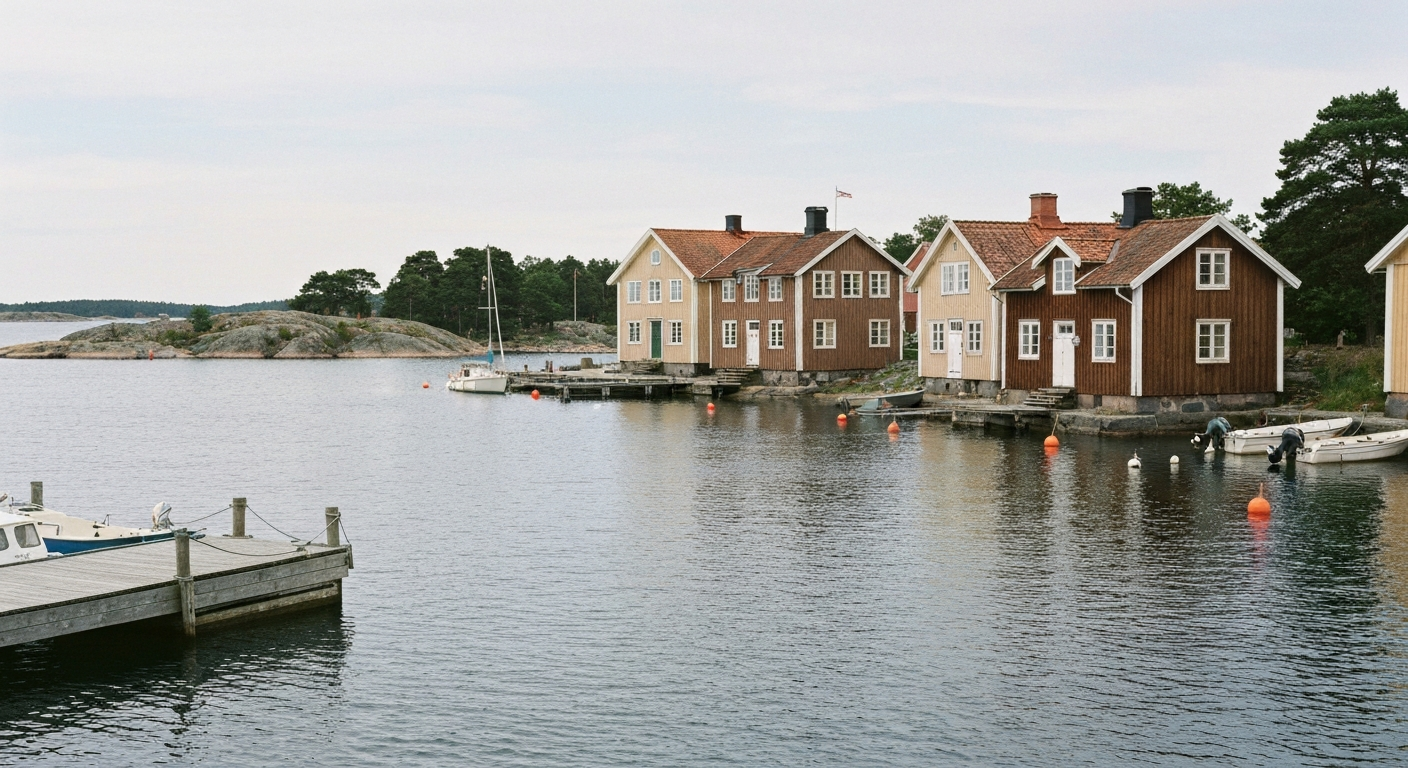 Traditionelle schwedische Holzhaeuser an der Hafenfront von Vaxholm mit Steg, kleinen Booten und ruhiger Ostsee